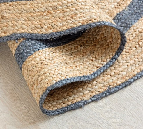 Handmade Natural Jute Round Area Rug with Blue Ring Design | Handwoven Coastal Farmhouse carpet Rug
