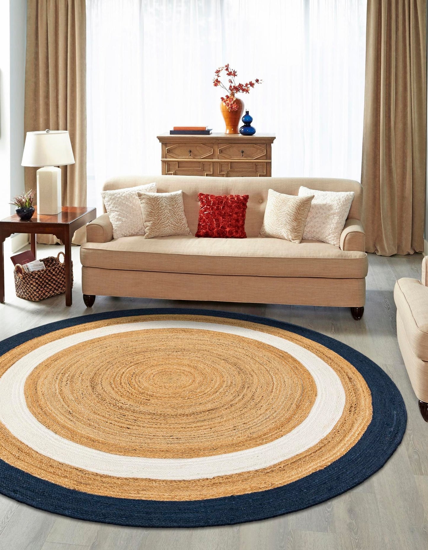 Handmade Natural Jute Round Floor Area Rug with White & Navy Blue Rings | Handwoven Coastal Area Rug