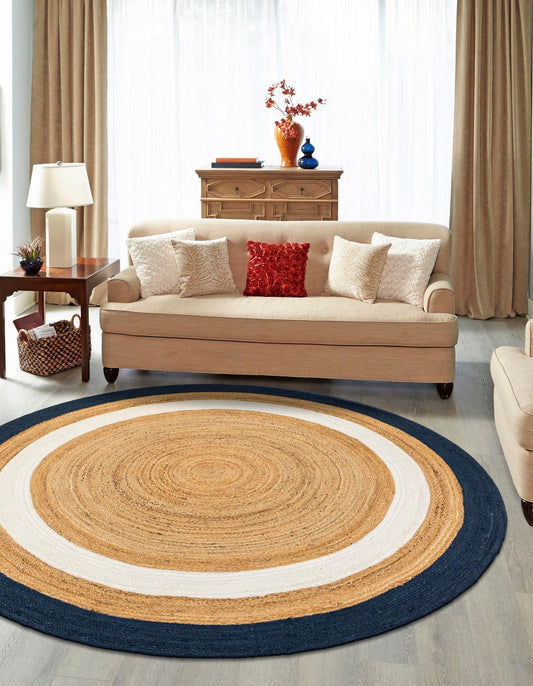 Handmade Natural Jute Round Floor Area Rug with White & Navy Blue Rings | Handwoven Coastal Area Rug
