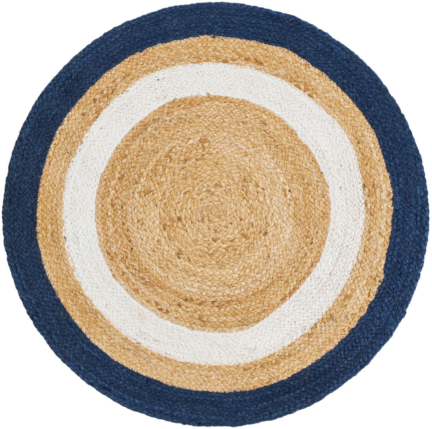 Handmade Natural Jute Round Floor Area Rug with White & Navy Blue Rings | Handwoven Coastal Area Rug
