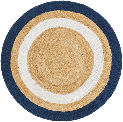Handmade Natural Jute Round Floor Area Rug with White & Navy Blue Rings | Handwoven Coastal Area Rug