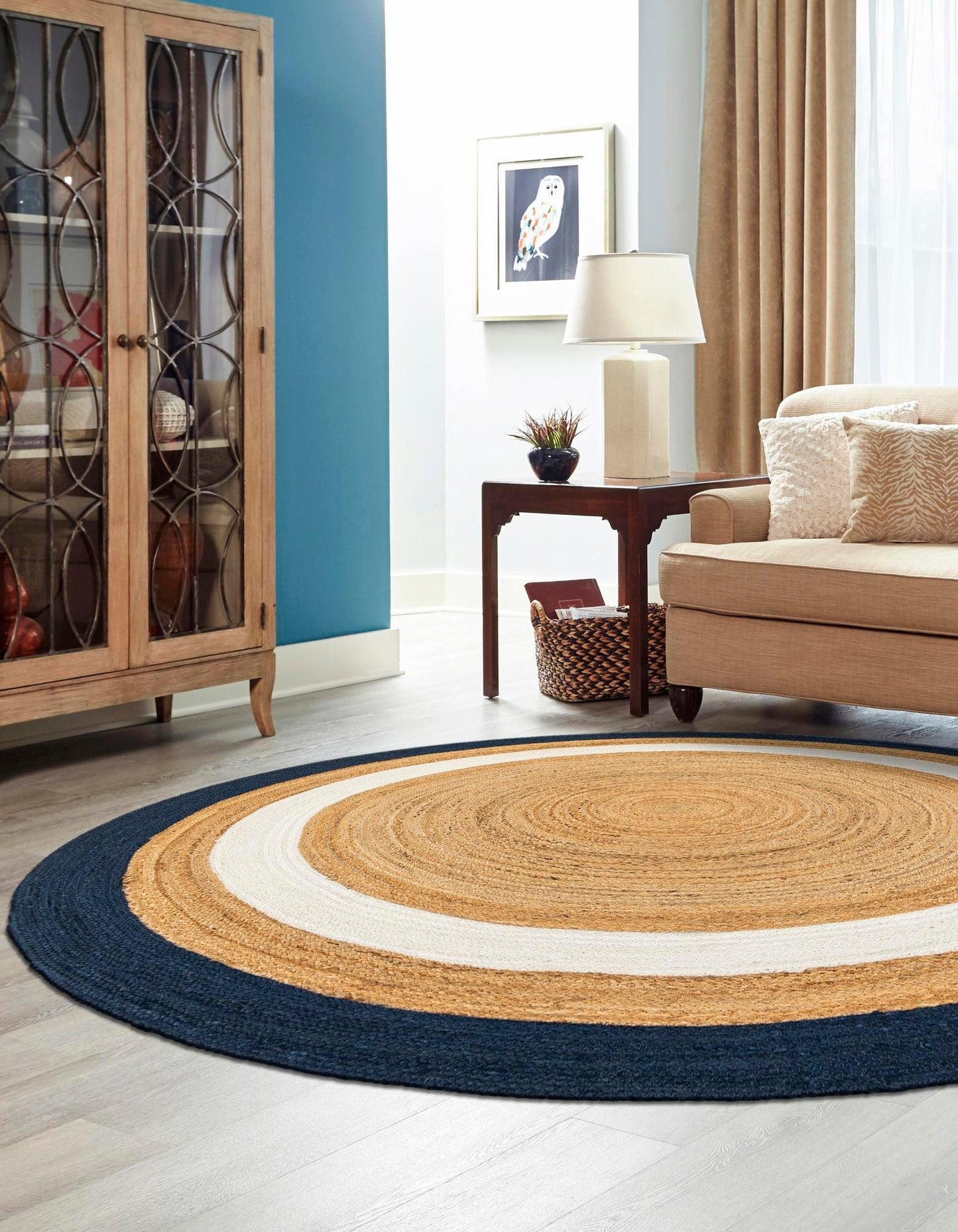 Handmade Natural Jute Round Floor Area Rug with White & Navy Blue Rings | Handwoven Coastal Area Rug