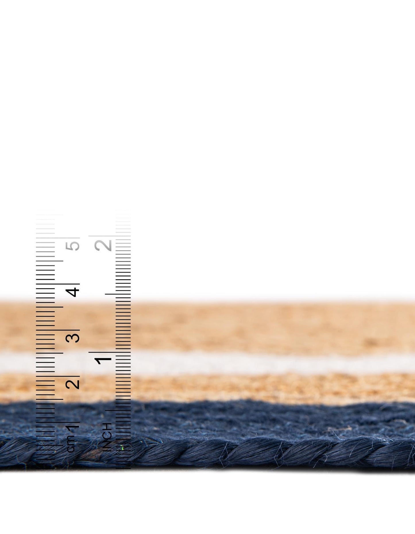 Handmade Natural Jute Round Floor Area Rug with White & Navy Blue Rings | Handwoven Coastal Area Rug