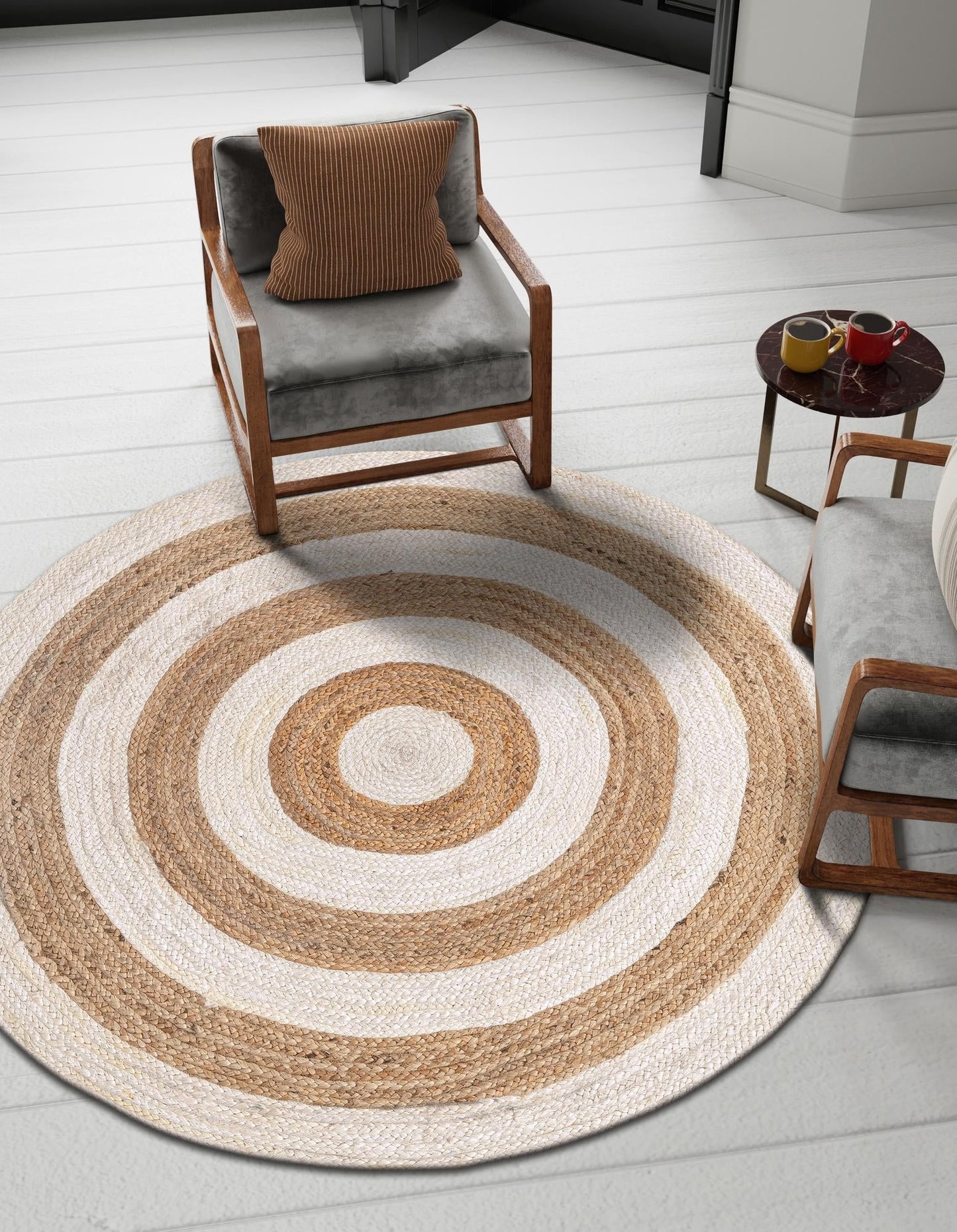 Handwoven Round Jute Area Rug with Contrast Rings | Natural & Blue Coastal Farmhouse Area Rug