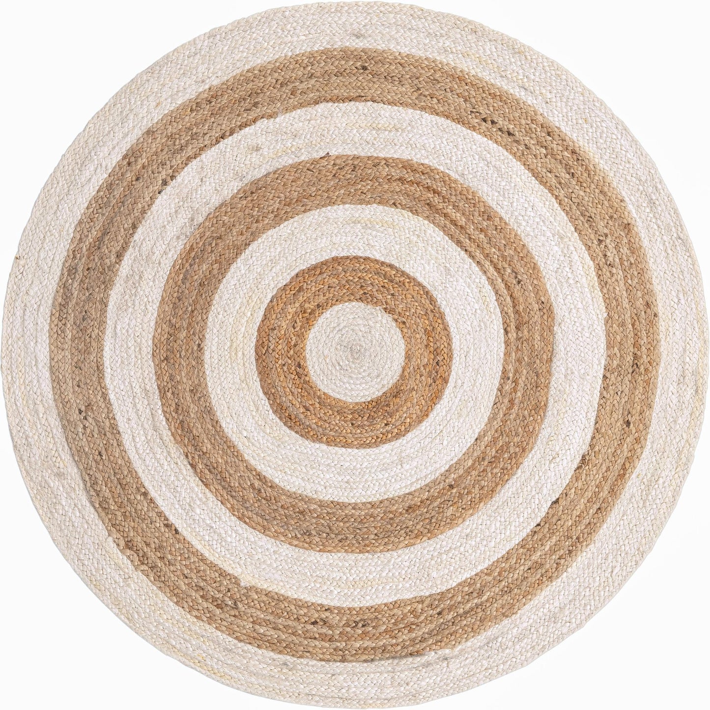 Handwoven Round Jute Area Rug with Contrast Rings | Natural & Blue Coastal Farmhouse Area Rug