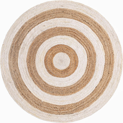 Handwoven Round Jute Area Rug with Contrast Rings | Natural & Blue Coastal Farmhouse Area Rug
