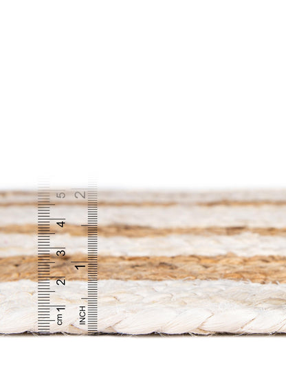 Handwoven Round Jute Area Rug with Contrast Rings | Natural & Blue Coastal Farmhouse Area Rug