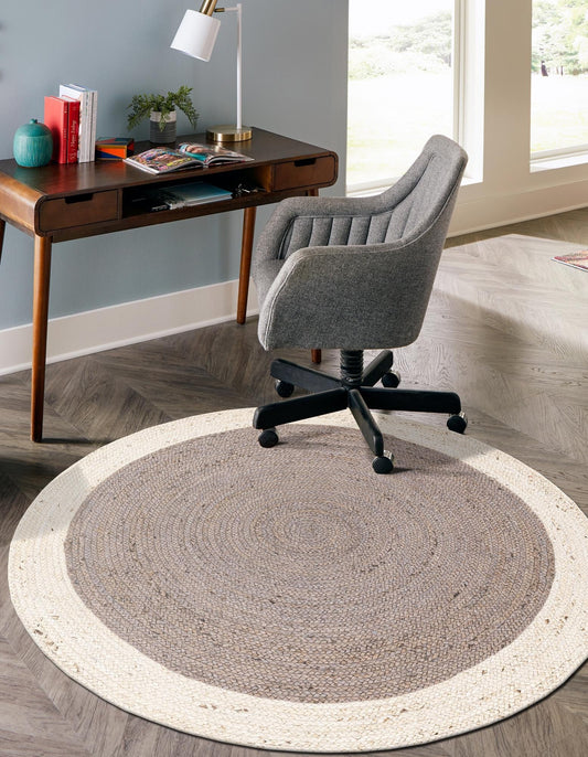 Modern Grey Round Area Rug with White Border | Handwoven Minimalist Round Carpet