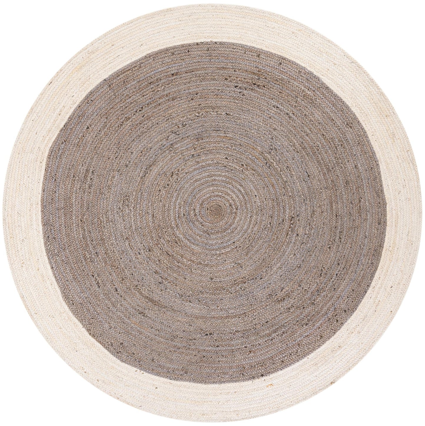 Modern Grey Round Area Rug with White Border | Handwoven Minimalist Round Carpet