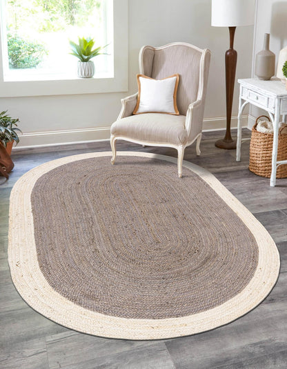 Elegant Two-Tone Oval Jute Rug | Grey Center with Natural White Border | Hand-Woven Reversible Area Rug