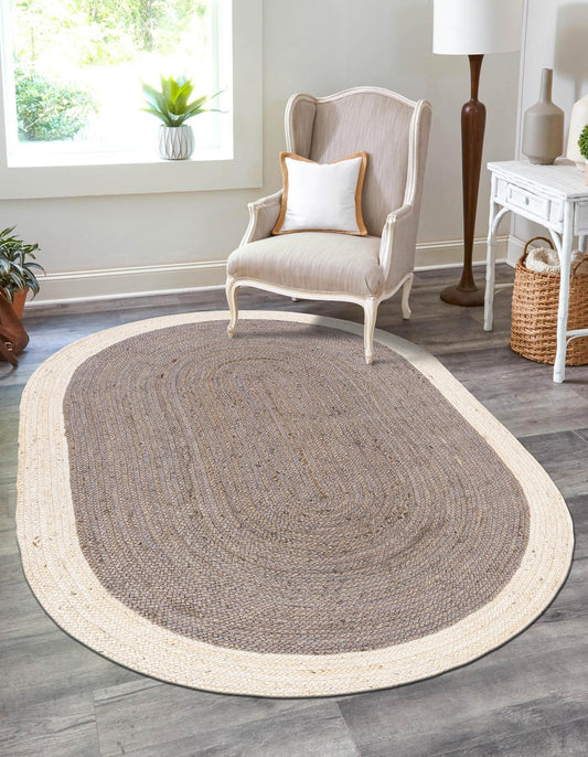 Elegant Two-Tone Oval Jute Rug | Grey Center with Natural White Border | Hand-Woven Reversible Area Rug