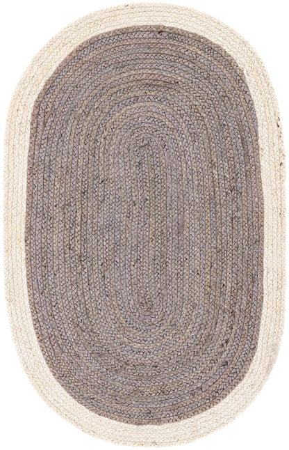 Elegant Two-Tone Oval Jute Rug | Grey Center with Natural White Border | Hand-Woven Reversible Area Rug