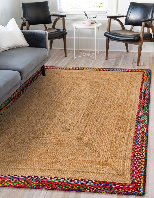 Handmade Braided  Rectangle Inner Natural Jute With Cotton Border Floor Area Rug-Floor Carpet Rug-Bed Side Runner Rug