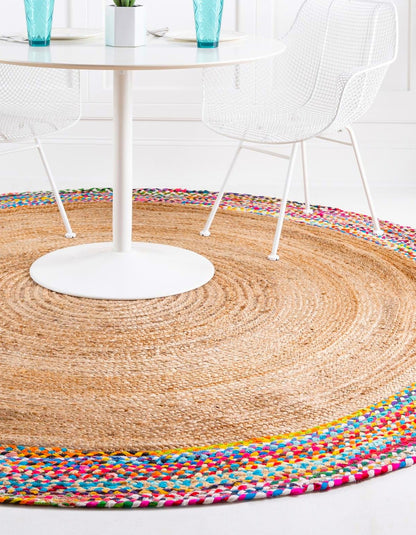 Natural Jute Round Rug with Colorful Cotton Border | Handcrafted Boho Area Rug
