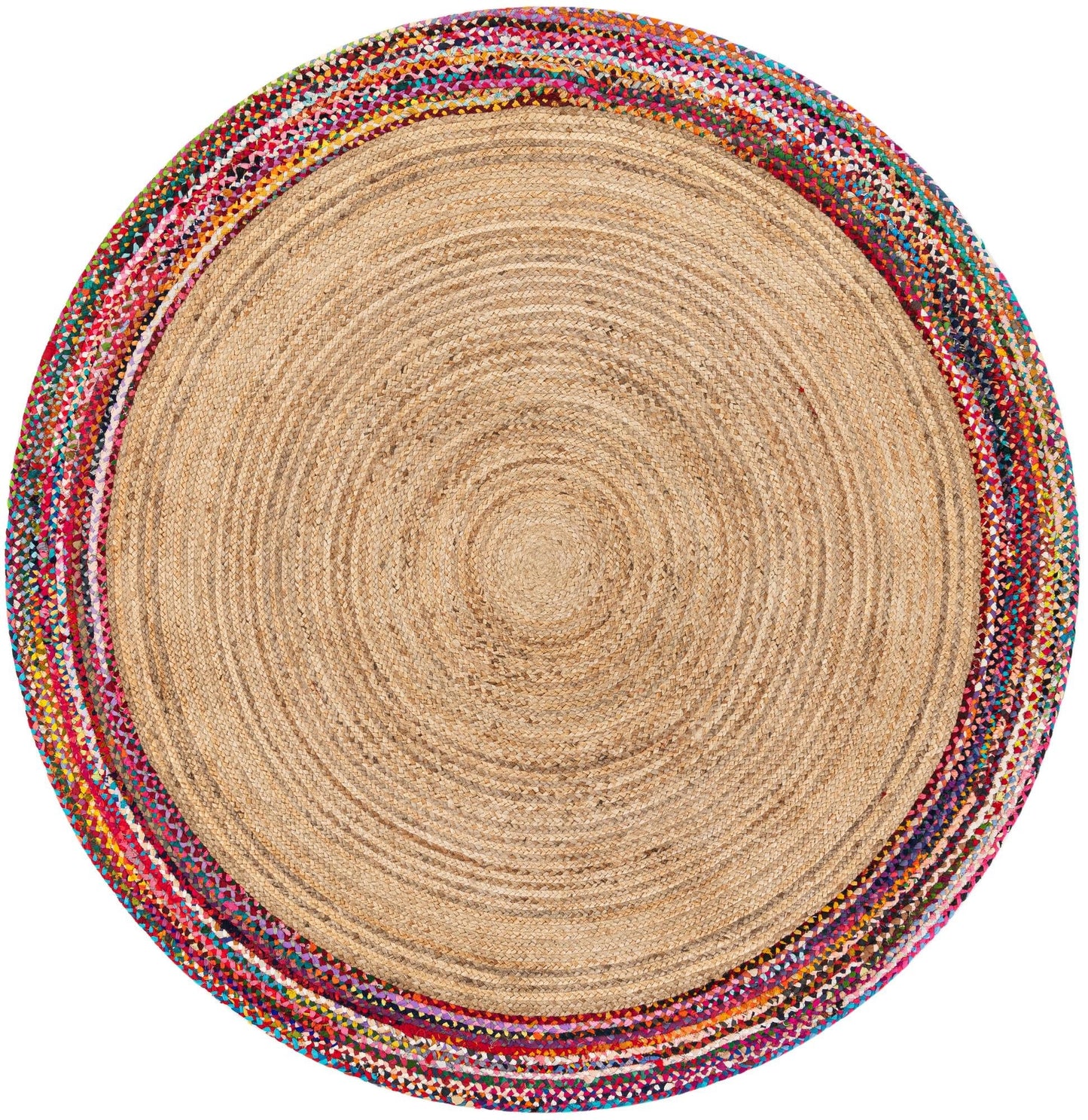Natural Jute Round Rug with Colorful Cotton Border | Handcrafted Boho Area Rug