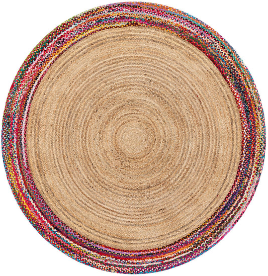 Natural Jute Round Rug with Colorful Cotton Border | Handcrafted Boho Area Rug