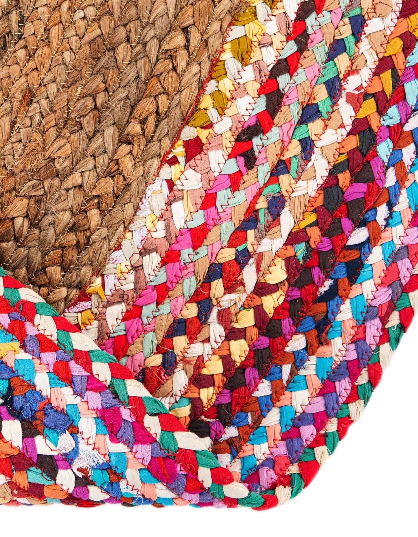 Natural Jute Round Rug with Colorful Cotton Border | Handcrafted Boho Area Rug