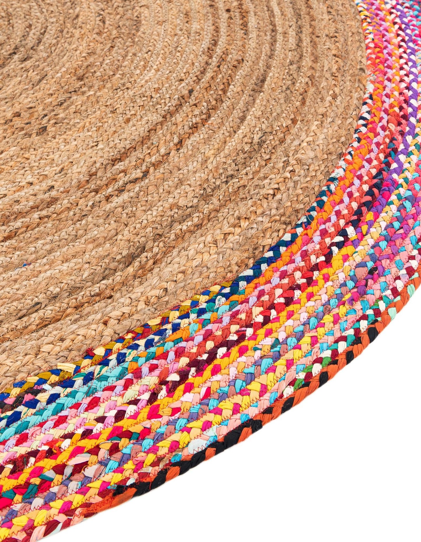 Natural Jute Round Rug with Colorful Cotton Border | Handcrafted Boho Area Rug