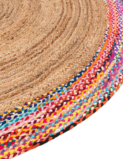 Natural Jute Round Rug with Colorful Cotton Border | Handcrafted Boho Area Rug