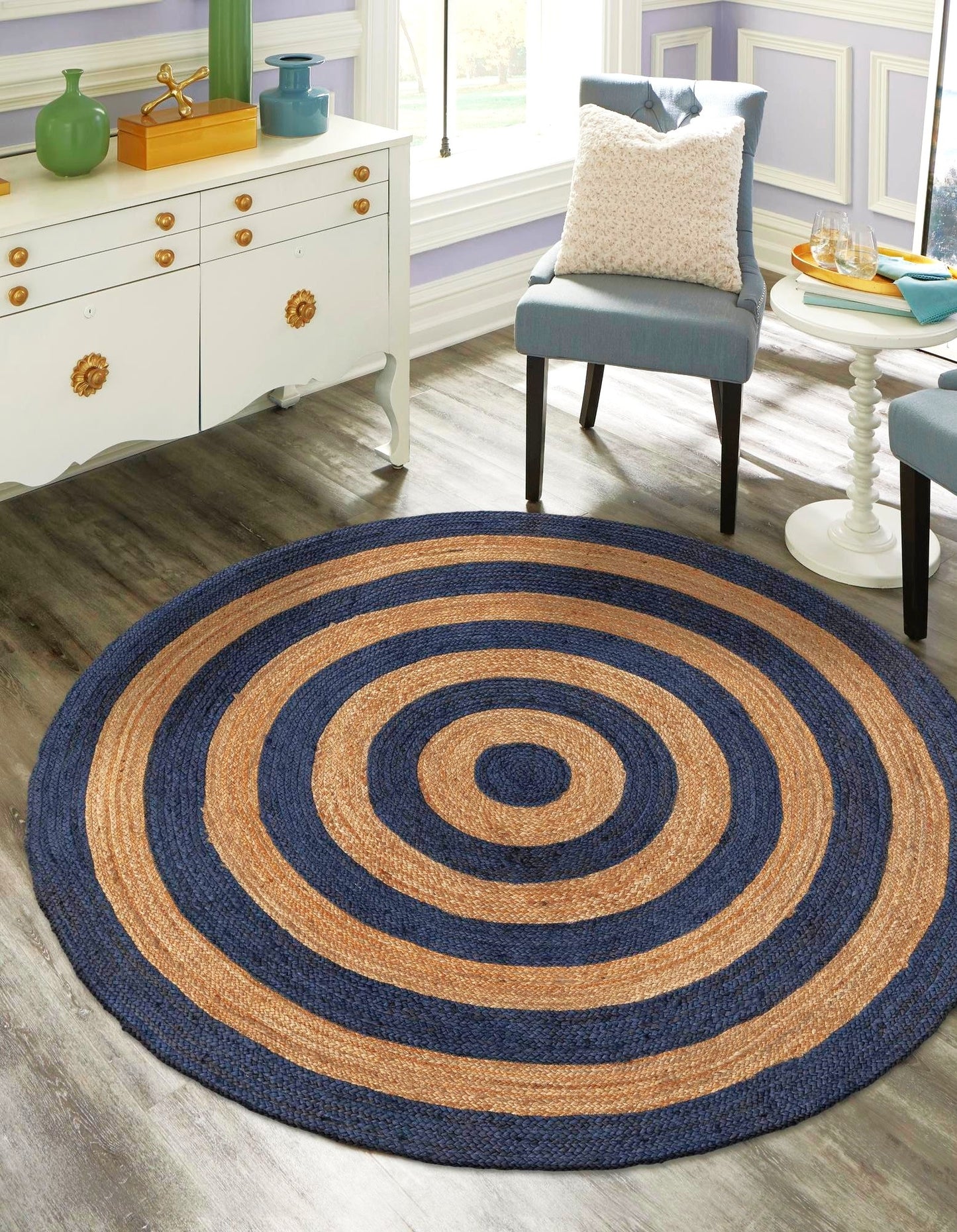 Handwoven Round Jute Area Rug with Contrast Rings | Natural & Blue Coastal Farmhouse Area Rug