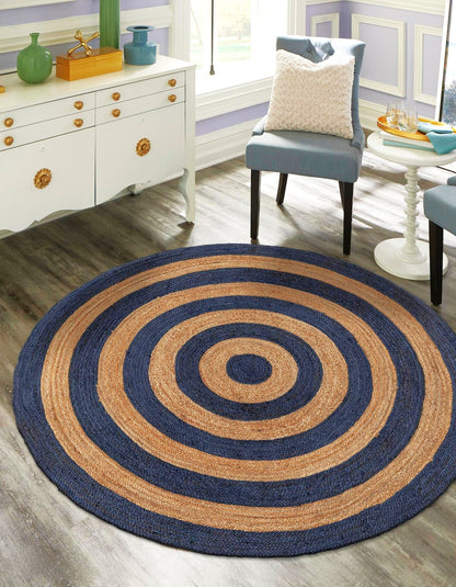 Handwoven Round Jute Area Rug with Contrast Rings | Natural & Blue Coastal Farmhouse Area Rug
