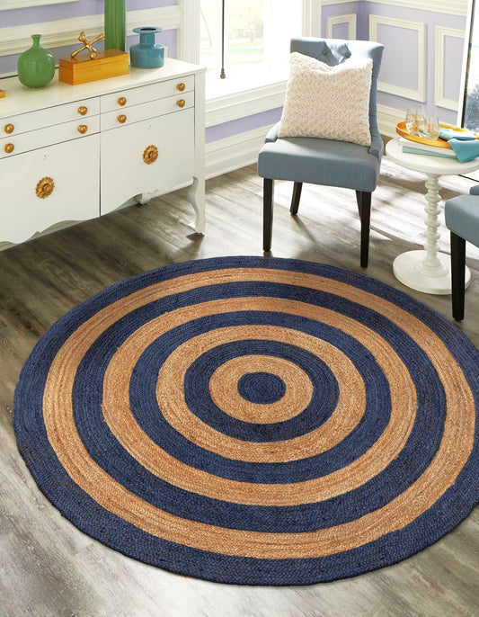 Handwoven Round Jute Area Rug with Contrast Rings | Natural & Blue Coastal Farmhouse Area Rug
