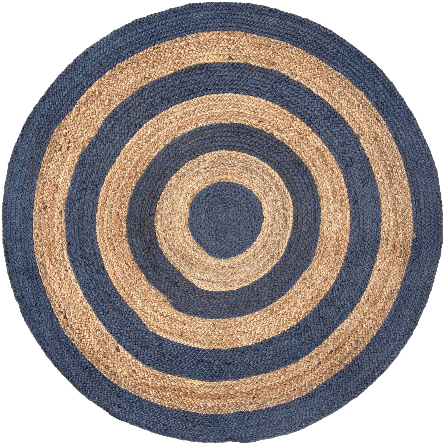 Handwoven Round Jute Area Rug with Contrast Rings | Natural & Blue Coastal Farmhouse Area Rug