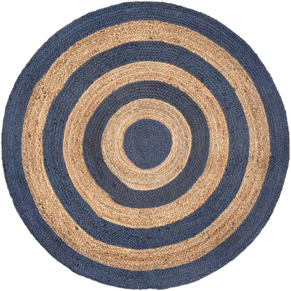 Handwoven Round Jute Area Rug with Contrast Rings | Natural & Blue Coastal Farmhouse Area Rug