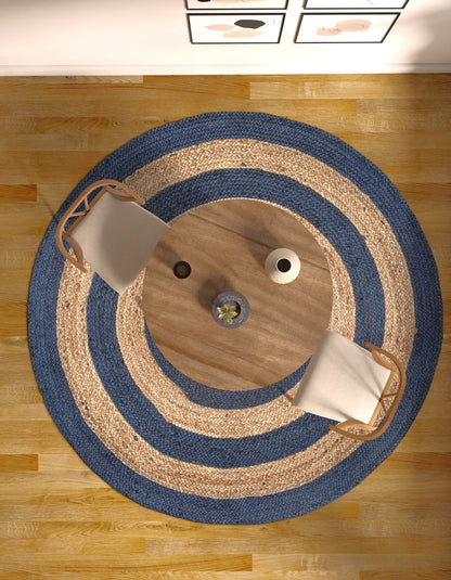 Handwoven Round Jute Area Rug with Contrast Rings | Natural & Blue Coastal Farmhouse Area Rug