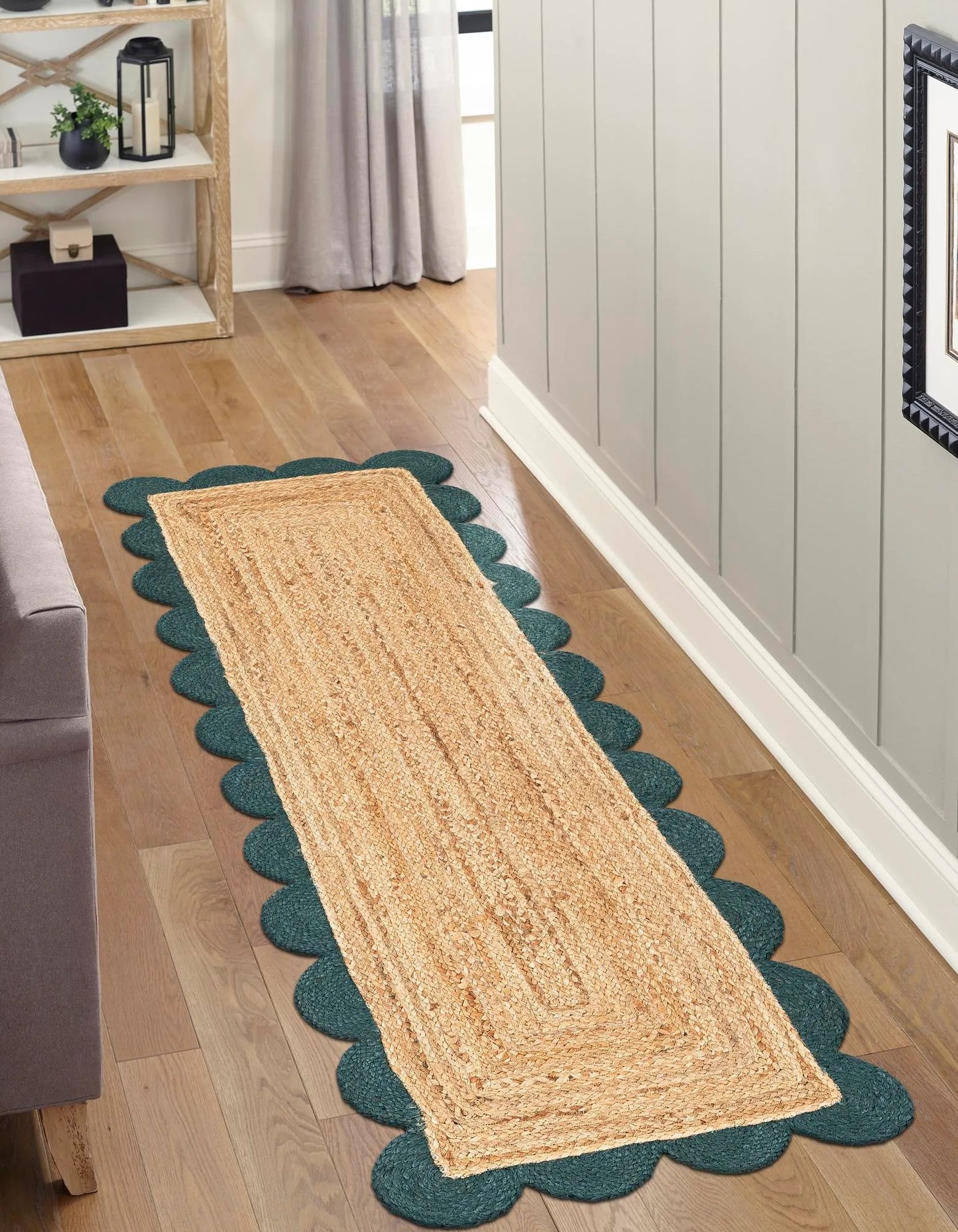 Handmade Braided Natural Jute With Green Border Rectangle Scalloped Floor Area Rug,Floor Carpet Rug