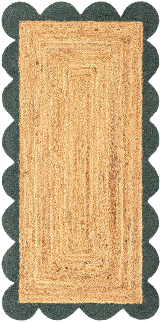 Handmade Braided Natural Jute With Green Border Rectangle Scalloped Floor Area Rug,Floor Carpet Rug