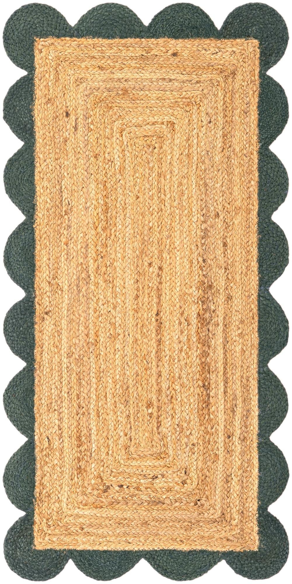 Handmade Braided Natural Jute With Green Border Rectangle Scalloped Floor Area Rug,Floor Carpet Rug