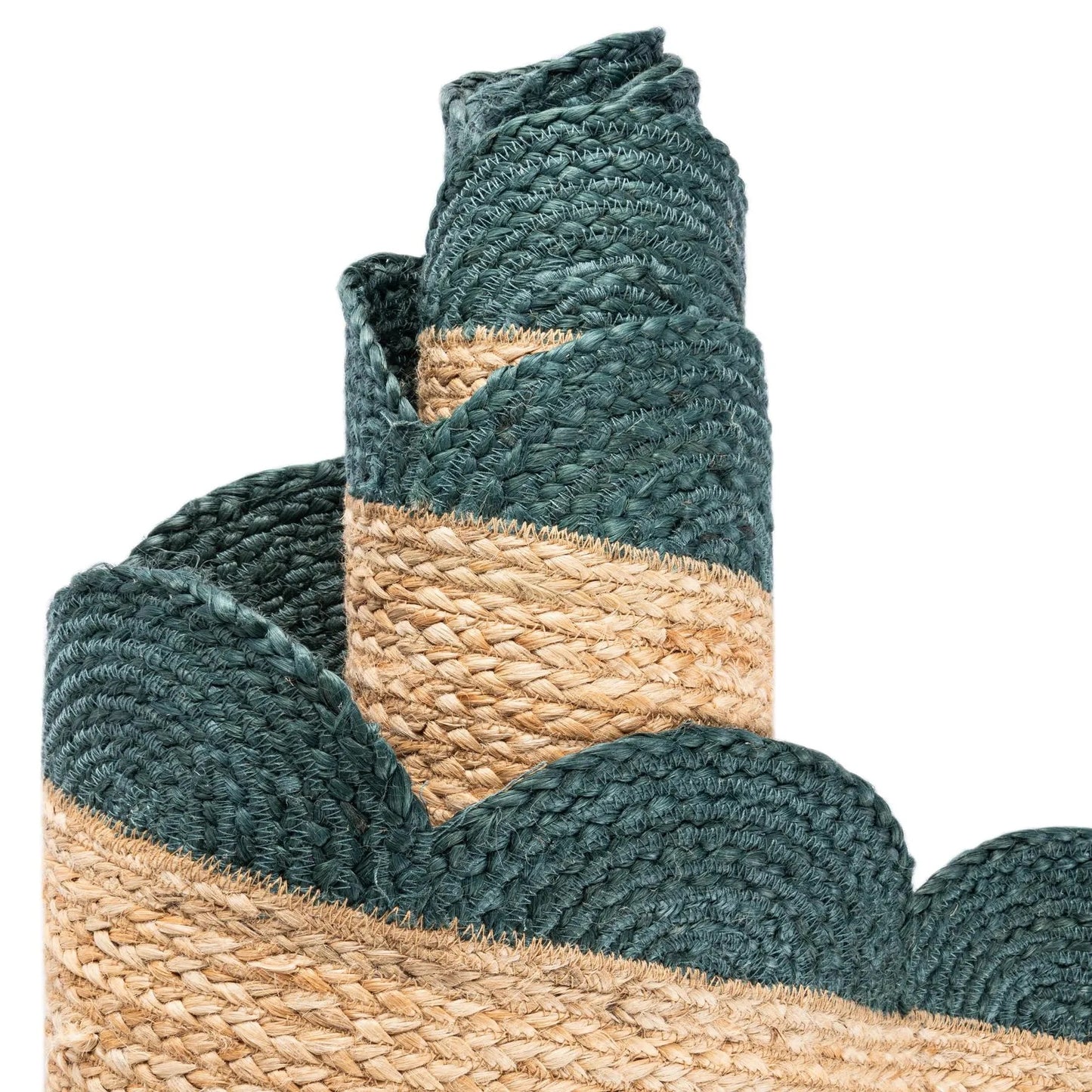 Handmade Braided Natural Jute With Green Border Rectangle Scalloped Floor Area Rug,Floor Carpet Rug