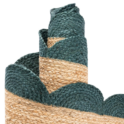Handmade Braided Natural Jute With Green Border Rectangle Scalloped Floor Area Rug,Floor Carpet Rug