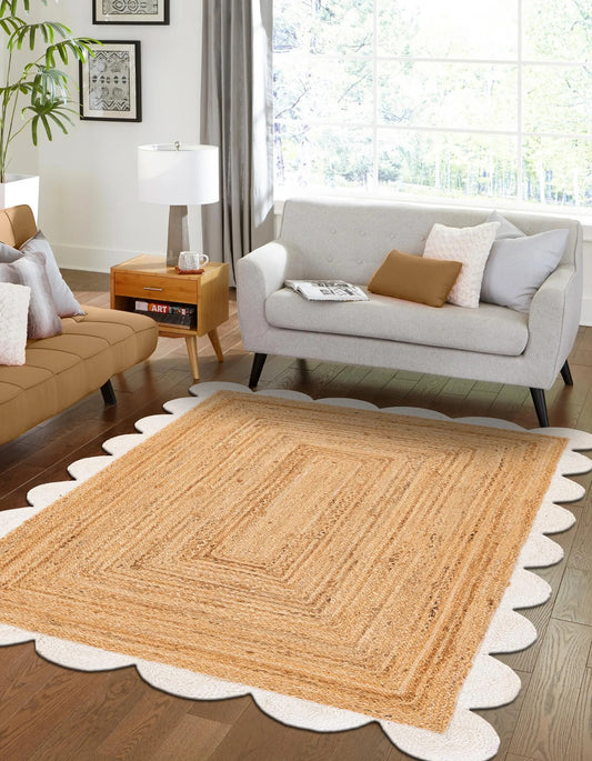Handmade Scalloped White Border Rectangle Jute Floor Area Rug – Natural Eco-Friendly Farmhouse Carpet Rug