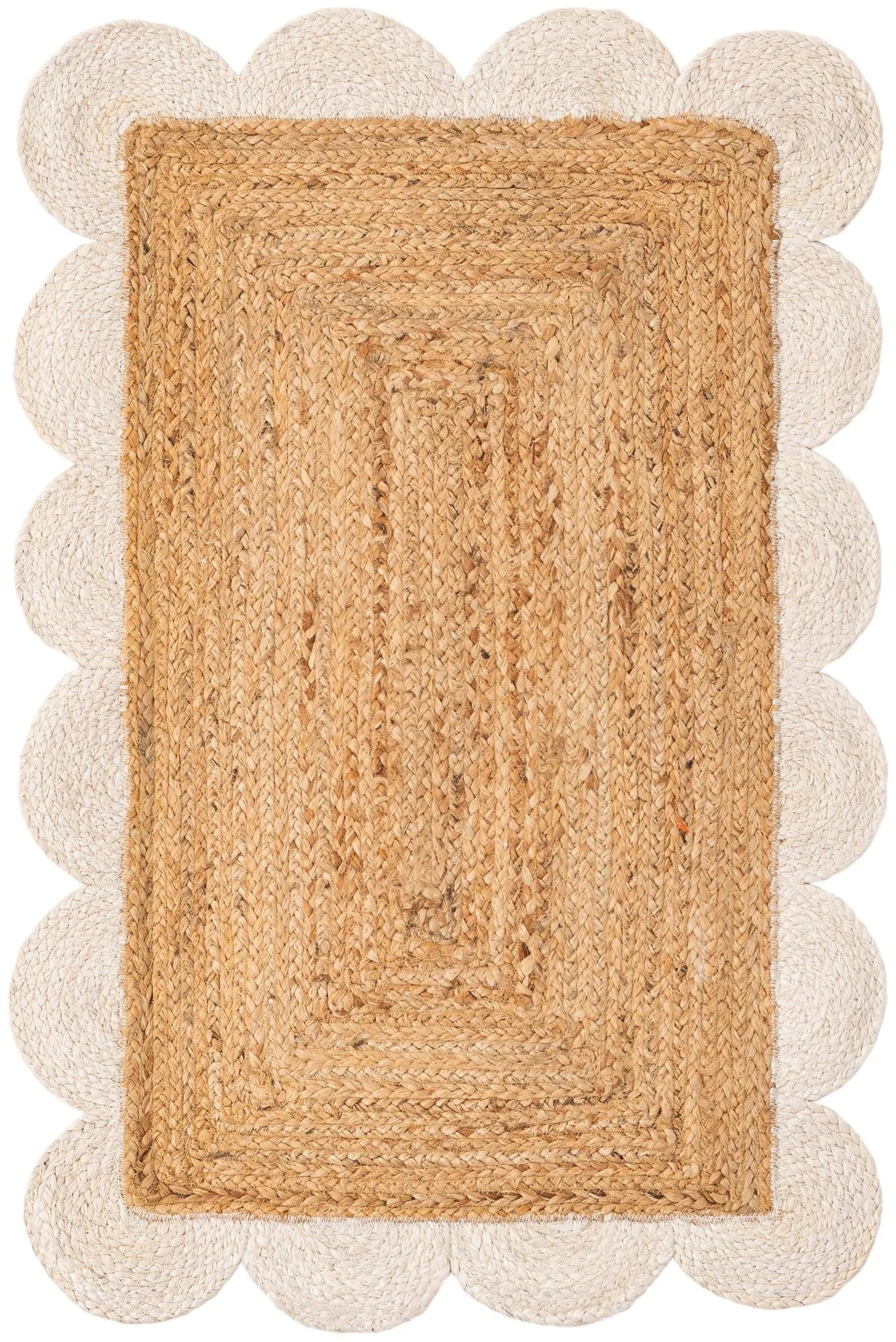 Handmade Scalloped White Border Rectangle Jute Floor Area Rug – Natural Eco-Friendly Farmhouse Carpet Rug