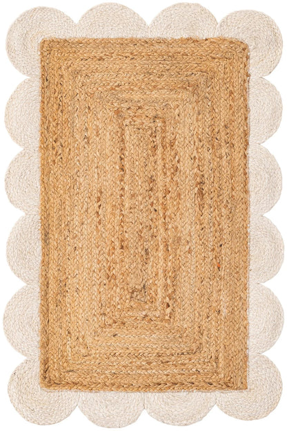 Handmade Scalloped White Border Rectangle Jute Floor Area Rug – Natural Eco-Friendly Farmhouse Carpet Rug