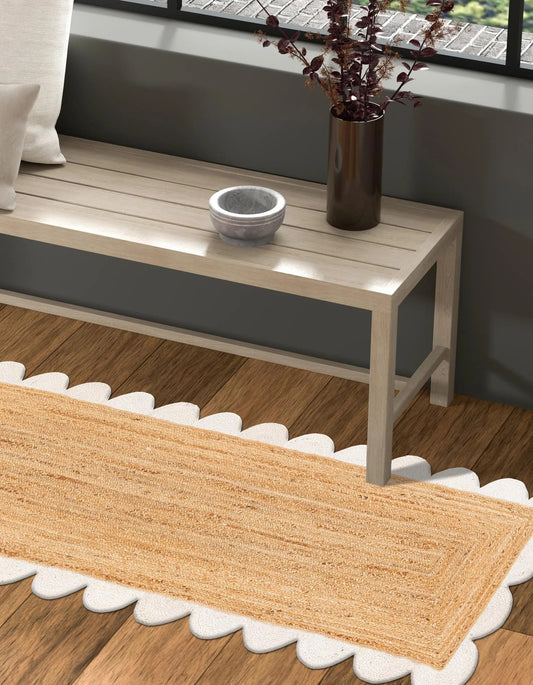 Handmade Scalloped White Border Rectangle Jute Floor Area Rug – Natural Eco-Friendly Farmhouse Carpet Rug