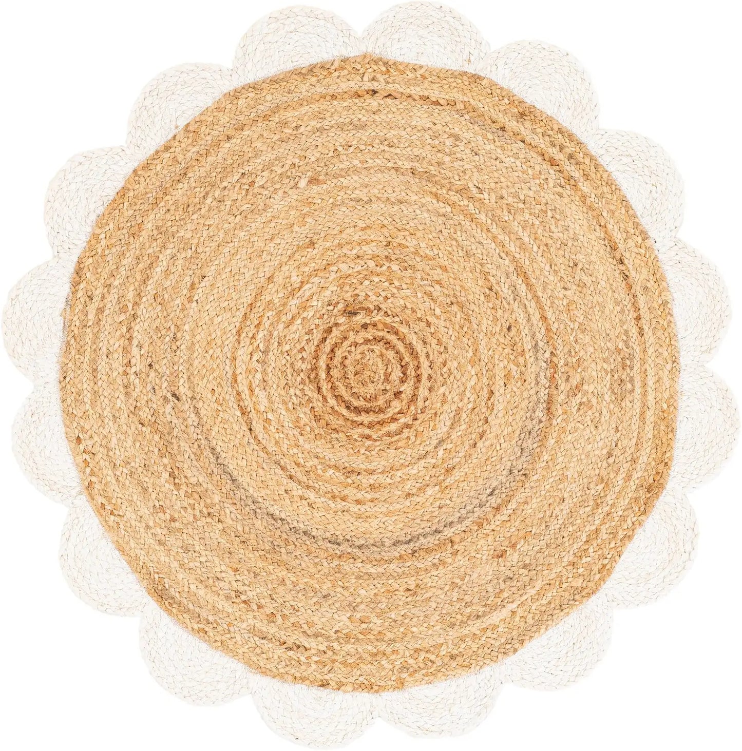 Handmade Scalloped Round Jute Rug with White Border – Natural Eco-Friendly Boho Area Rug