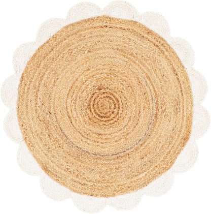 Handmade Scalloped Round Jute Rug with White Border – Natural Eco-Friendly Boho Area Rug