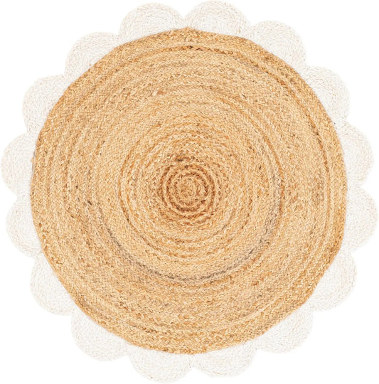 Handmade Scalloped Round Jute Rug with White Border – Natural Eco-Friendly Boho Area Rug