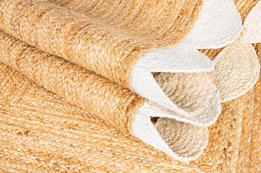 Handmade Scalloped Round Jute Rug with White Border – Natural Eco-Friendly Boho Area Rug