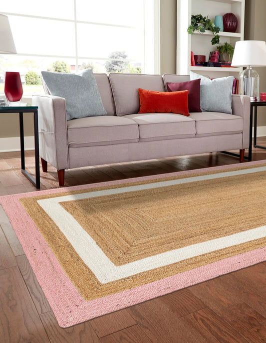 Handmade Braided Natural Jute Pink and White Dual Tone Eco Friendly Floor Area Runner Rug