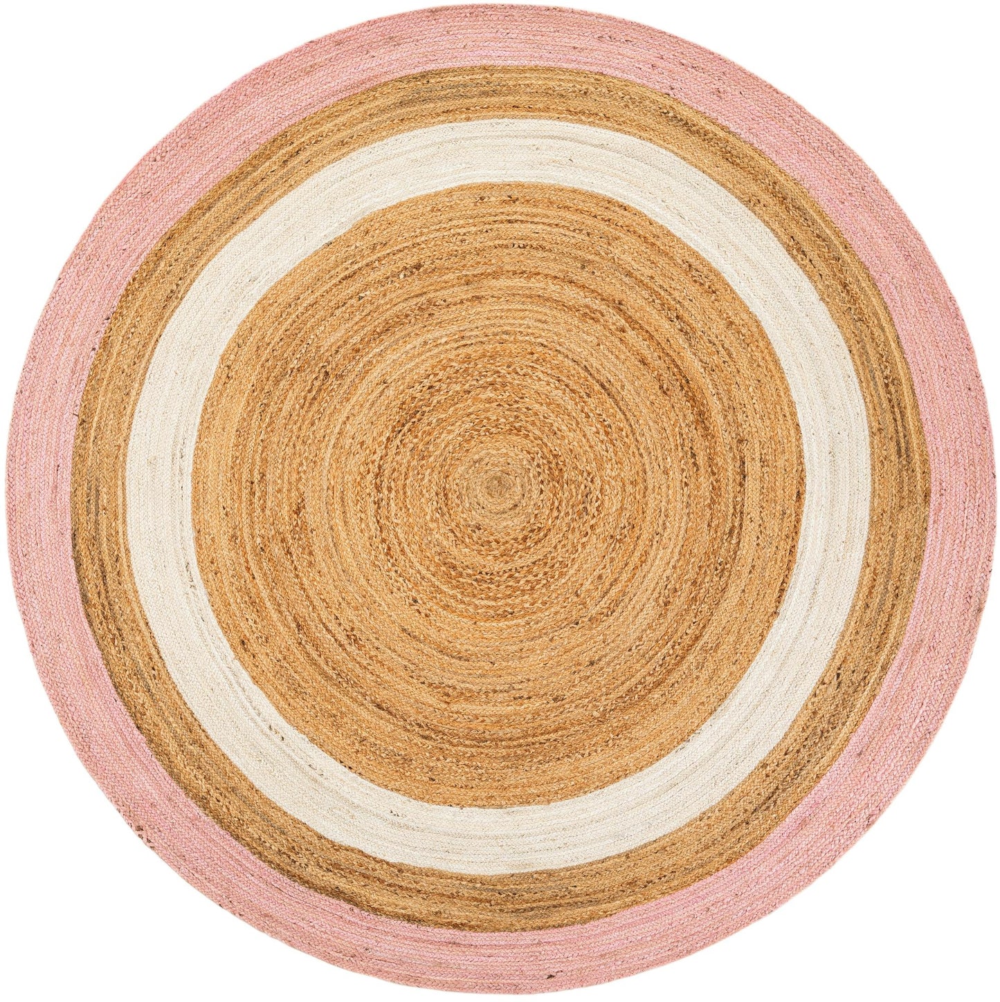 Blush Pink & White Border Round Jute Rug | Handwoven Natural Round Area Carpet