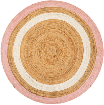 Blush Pink & White Border Round Jute Rug | Handwoven Natural Round Area Carpet