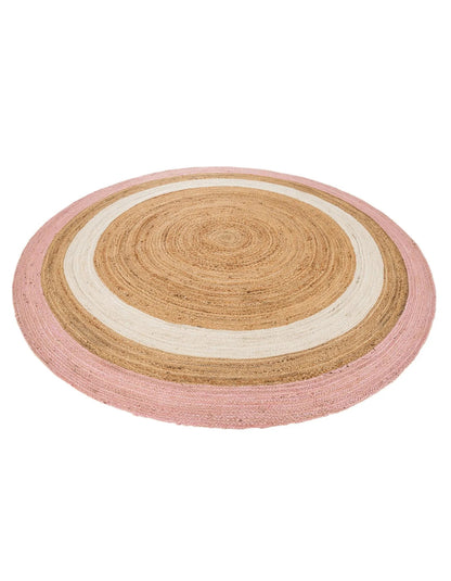 Blush Pink & White Border Round Jute Rug | Handwoven Natural Round Area Carpet