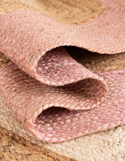 Blush Pink & White Border Round Jute Rug | Handwoven Natural Round Area Carpet