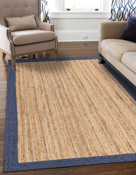 Handmade Braided Natural Jute with Navy Blue Border Floor Area Runner Rug