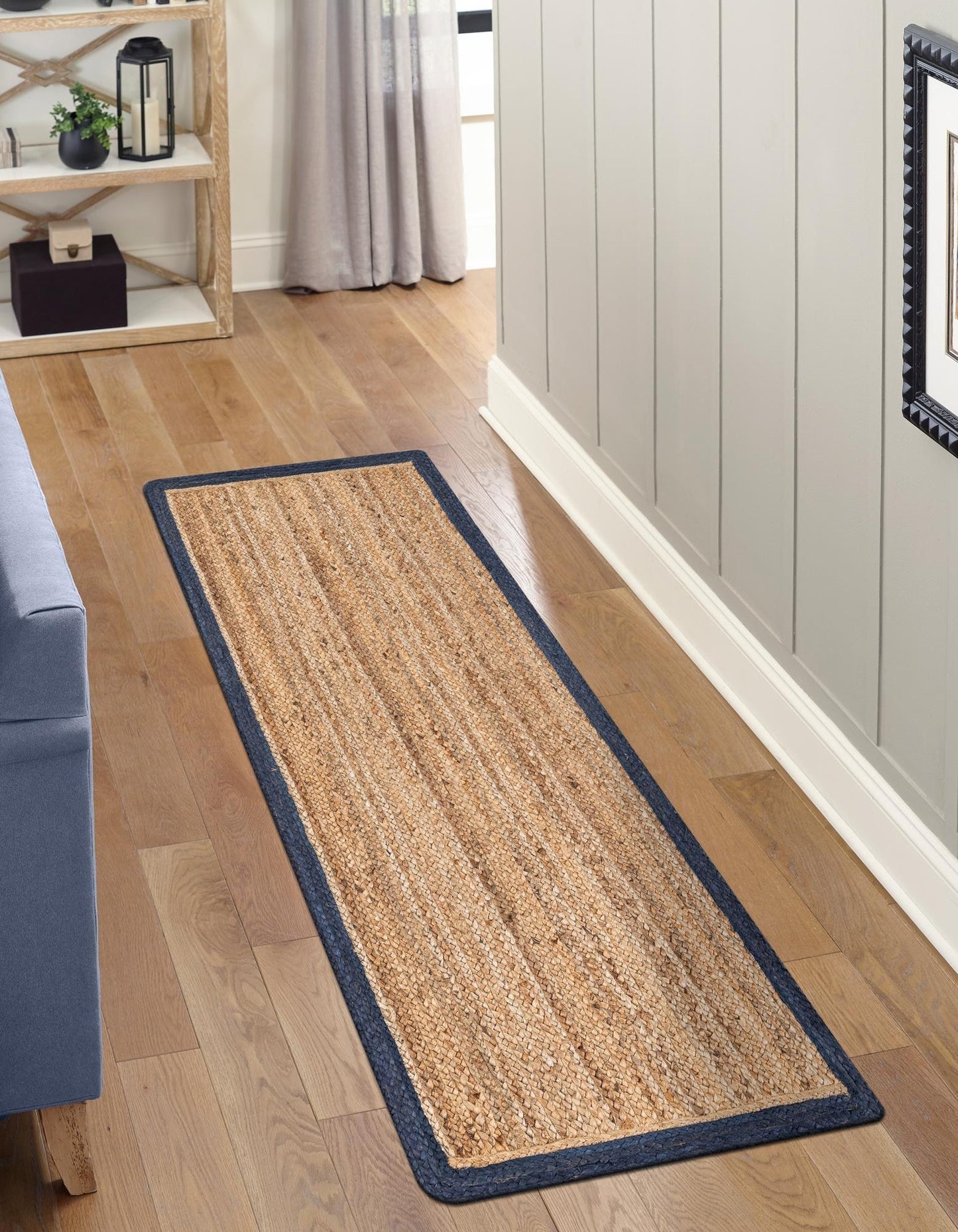 Handmade Braided Natural Jute with Navy Blue Border Floor Area Runner Rug