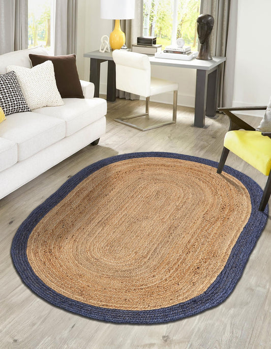 Natural Jute Oval Rug with Navy Blue Border | Hand-Woven Coastal Farmhouse Area Rug